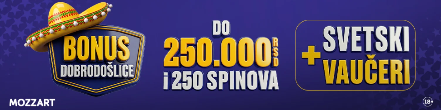 Mozzart bonus dobrodošlice do 250.000 RSD za sport i kazino, 250 besplatnih spinova bez uslova za proigravanje, 3.000 RSD bez depozita uz promo kod KAZZINO i dodatnih 1.500 RSD kroz Svetske vaučere za sportsko klađenje. Registracija, verifikacija naloga i bonusi na prva tri depozita za nove korisnike u Srbiji.