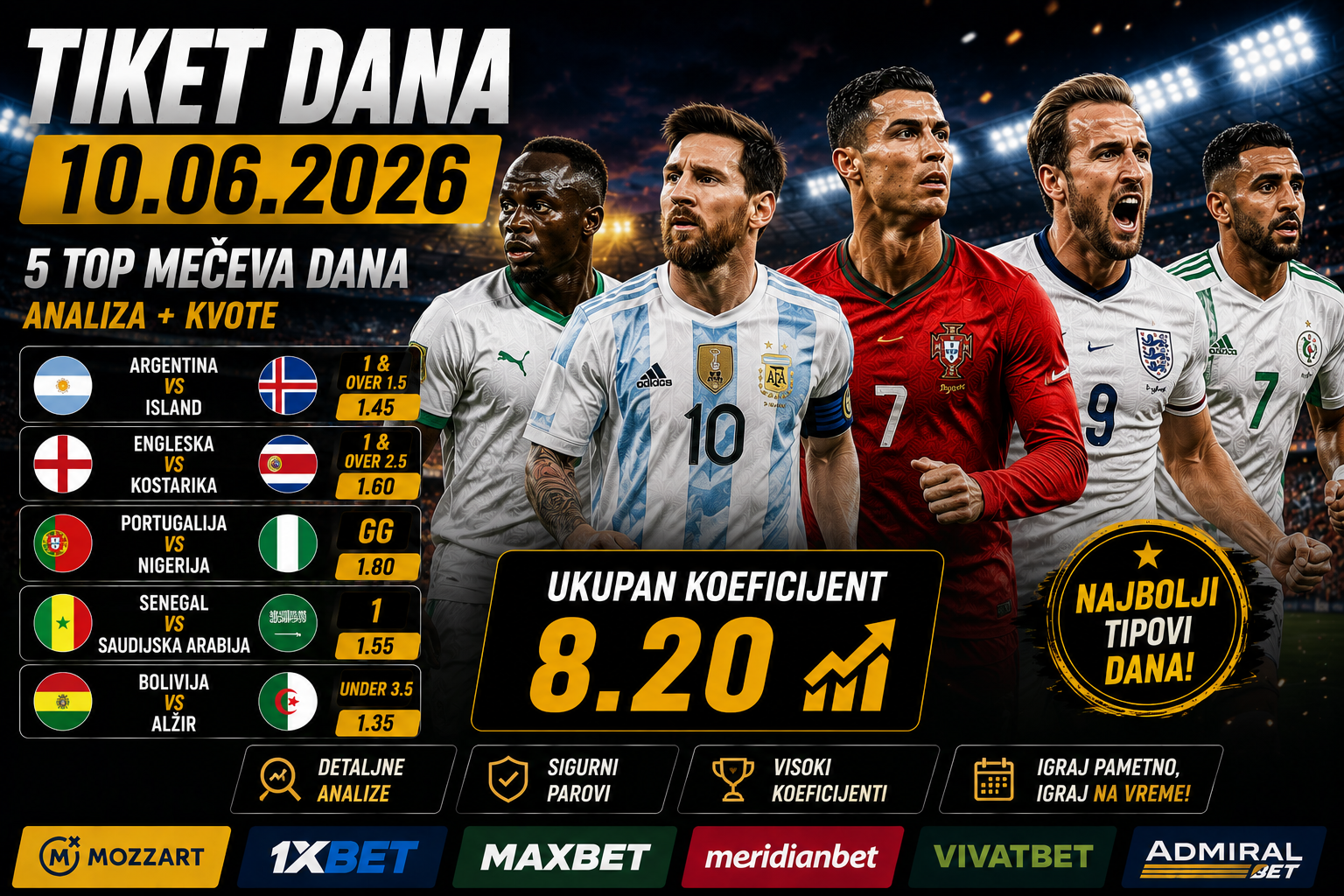 Tiket dana 10.06.2026: Engleska, Portugalija i Argentina