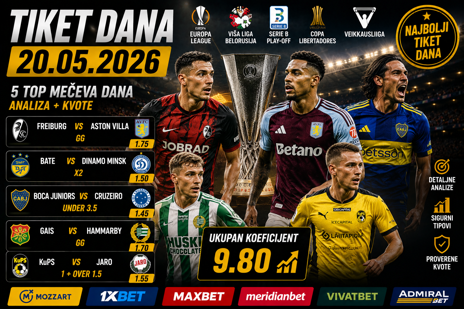 Tiket dana 20.05.2026: finale Lige Evrope, Libertadores i na
